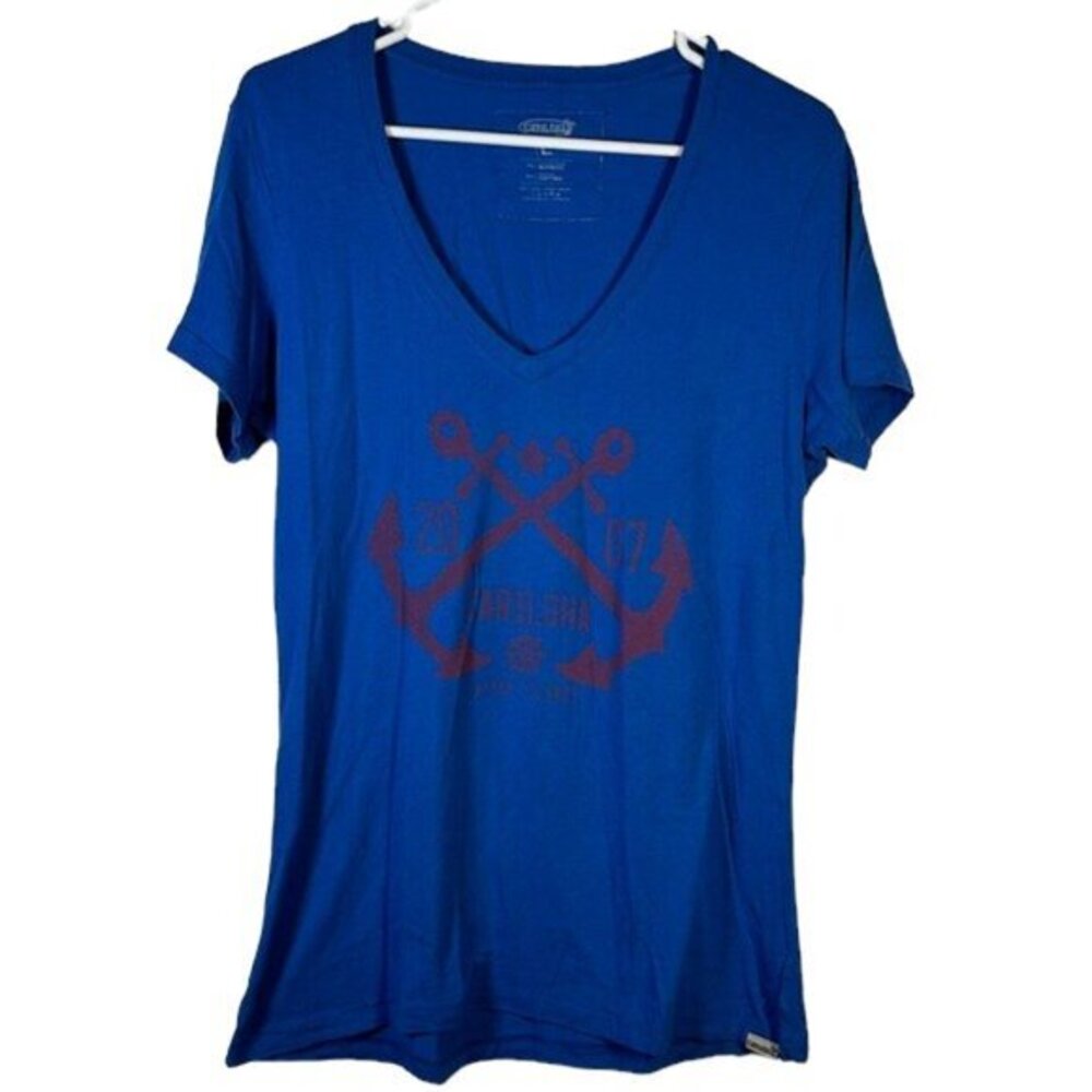 Cariloha Bamboo Organic Blue Nautical V-Neck Shirt Size Large EUC #0697-AZ